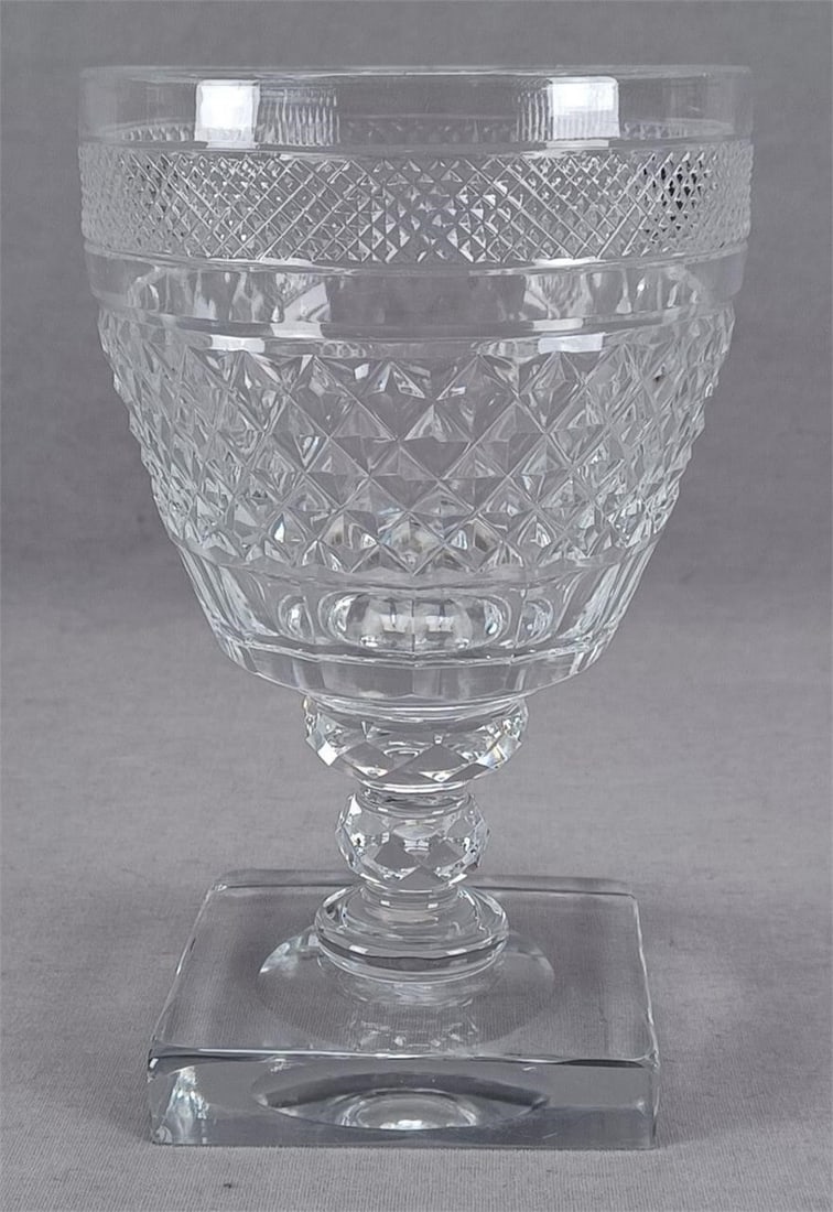 Anglo Irish Cut Glass Rummer Circa 1820s A: Antique 19th century Anglo Irish Cut Glass rummer. Cut diamond and above larger cut diamonds and panels. Facet cut knopped stem. Ground and polished pontiled base. Unsigned. Circa 1820s.Has some small