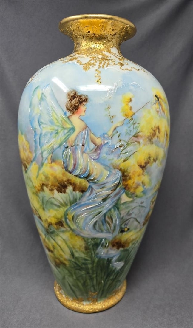 Lenox Belleek J. L. Apenzeller Fairy & Cherub Vase: Lenox Belleek large vase with a fairy and 3 cherubs in a yellow flower garden with bumble bees. Heavy gold on top and base. Measures approximately 14 1/4 inches tall and 7 1/2 inches wide. No chips or