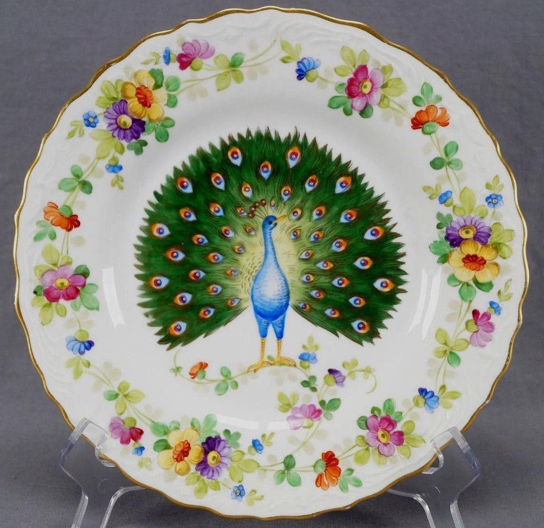 Crown Saxe Dresden Style Peacock Floral Plate: This listing is for a beautiful hand decorated plate with Dresden type floral borders & a large elaborately painted and gild central peacock motif. Painted on a fancy blank that was most likely made