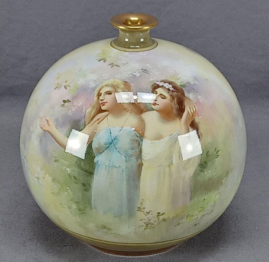 Doulton Hand Painted Signed HG Theaker Vase: Antique British Lucian Ware vase. Decorated with two hand painted ladies with flowers in the background. Green around the neck and bottom of the vase. Gold gilding along the rim. Signed HG Theaker for
