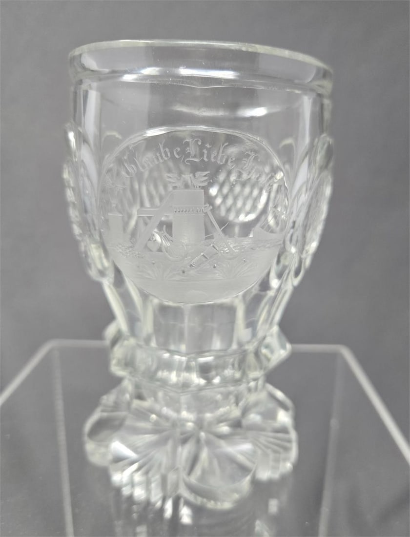 Bohemia Etched Goblet with Christian Iconography: Bohemian cut glass and etched with Christian iconography goblet. Intricate wheeled engraving of the translated words Faith, Hope and Love with a cross, anchor, ship heart, 2 doves and a lyre. Cut and 