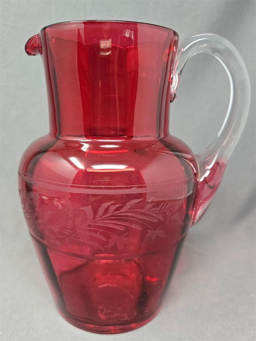 Stourbridge Engraved Cranberry Pitcher Floral (1 of 11)