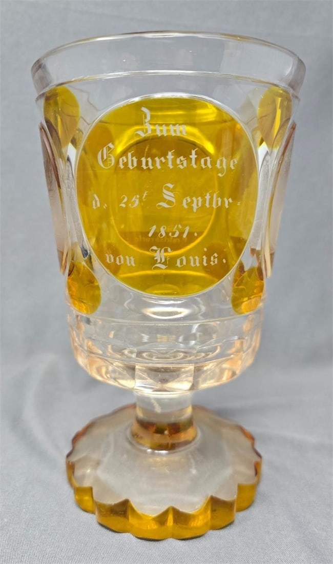Biedermeier Bohemian Birthday Spa Glass C. 1851: Large Bohemian Spa Glass with yellow staining and cut base and sides. Biedermeier style. Marked Bum Geburtstage d. 25t. Septbr, 1851 Von Louis, "For a Birthday 25th September 1851 for Louis". There ar