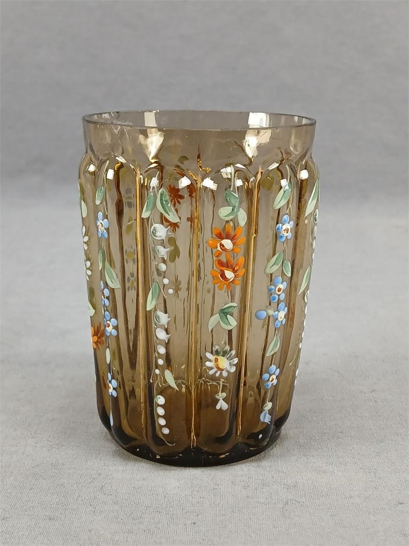 Victorian Enameled Floral Amber Glass Tumbler (1 of 7)