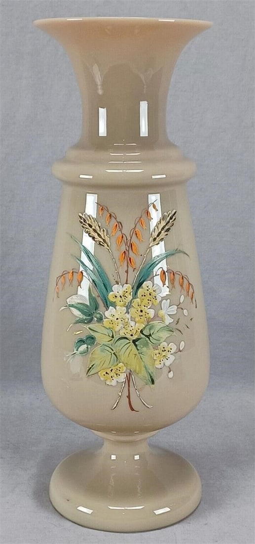 Bohemian Enameled Opaline Glass 13 1/8" Vase: Antique late 19th century Victorian era Bohemian blown tan opaline glass vase. With hand enameled yellow, white, and orange flowers and wheat. Rough pontiled base. Circa 1880s.Has some wear to the ena