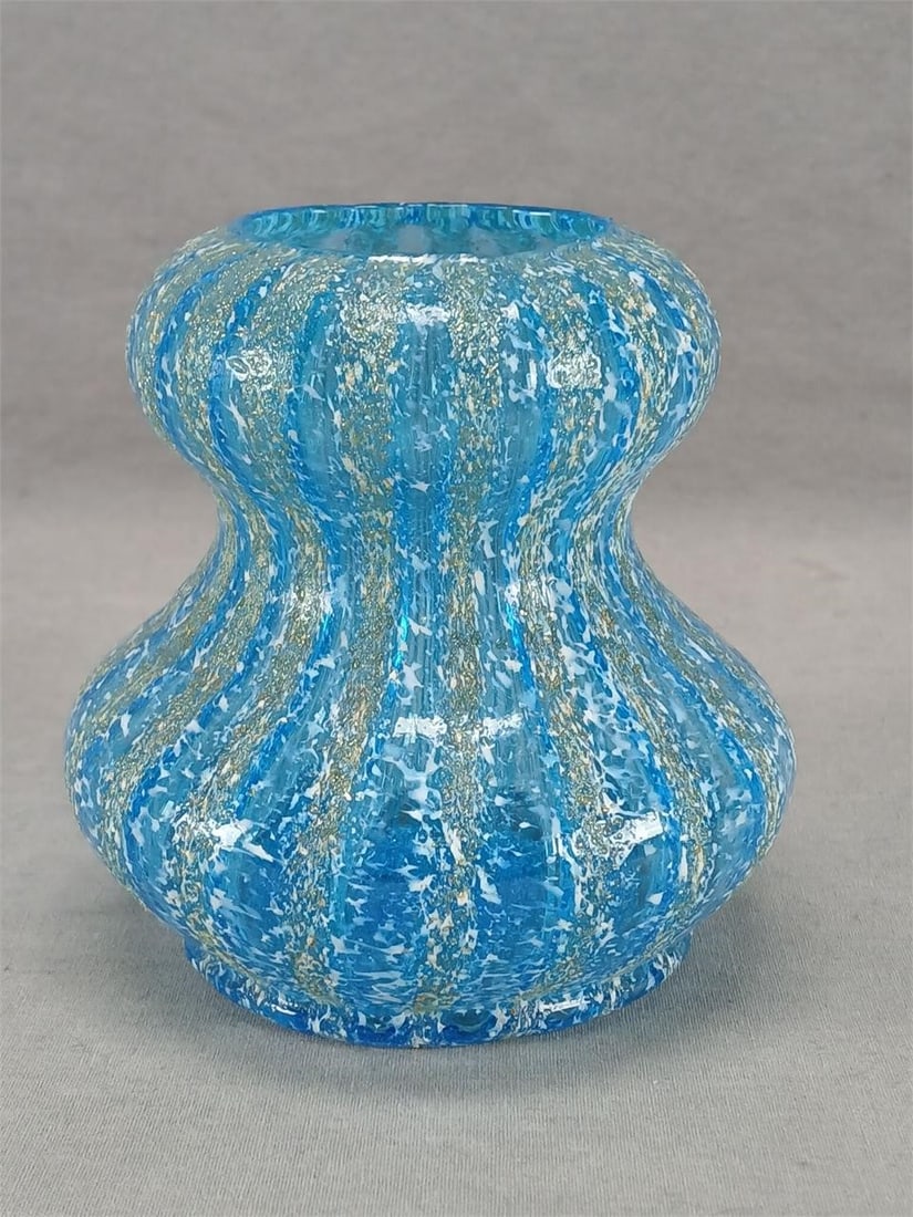 Dugan Pompeian Gourd Shaped Blue Frit Vase: Antique mold blown Dugan Pompeian gourd shaped blue glass vase with white and gold frit. Unsigned. Produced by Dugan between 1905 and 1910. Good condition. Measures approximately 4 3/8 inches wide x 4