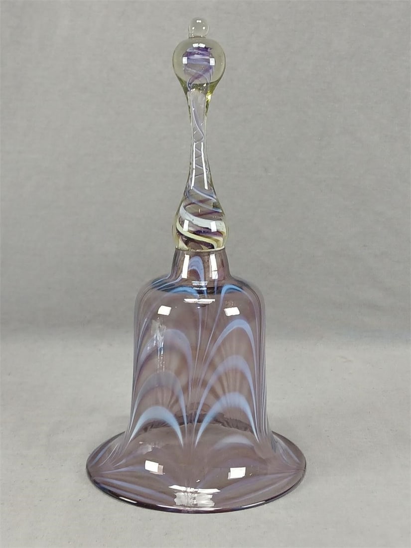 Amethyst & Opalescent Marbrie Loop Glass Bell: British Victorian hand blown amethyst purple with white opalescent marbrie loop wedding bell with clear, amethyst, and white swirled handle. Joined together with Plaster of Paris as typical of these s