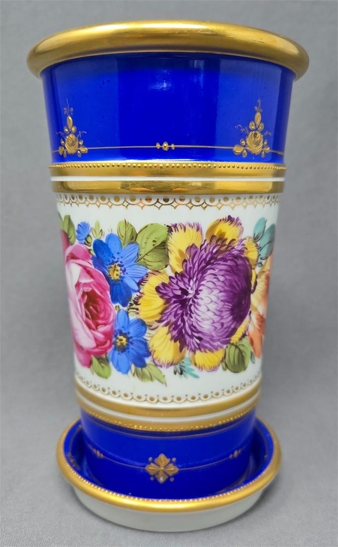 KPM Flower / Bulb Pot Jardinière 6 1/2" C. 1900: Antique KPM narrow flower pot, possibly for a single bulb. Royal blue with colorful flowers and gold detail with beading. Very good condition without chips or cracks or signs of use. There is some