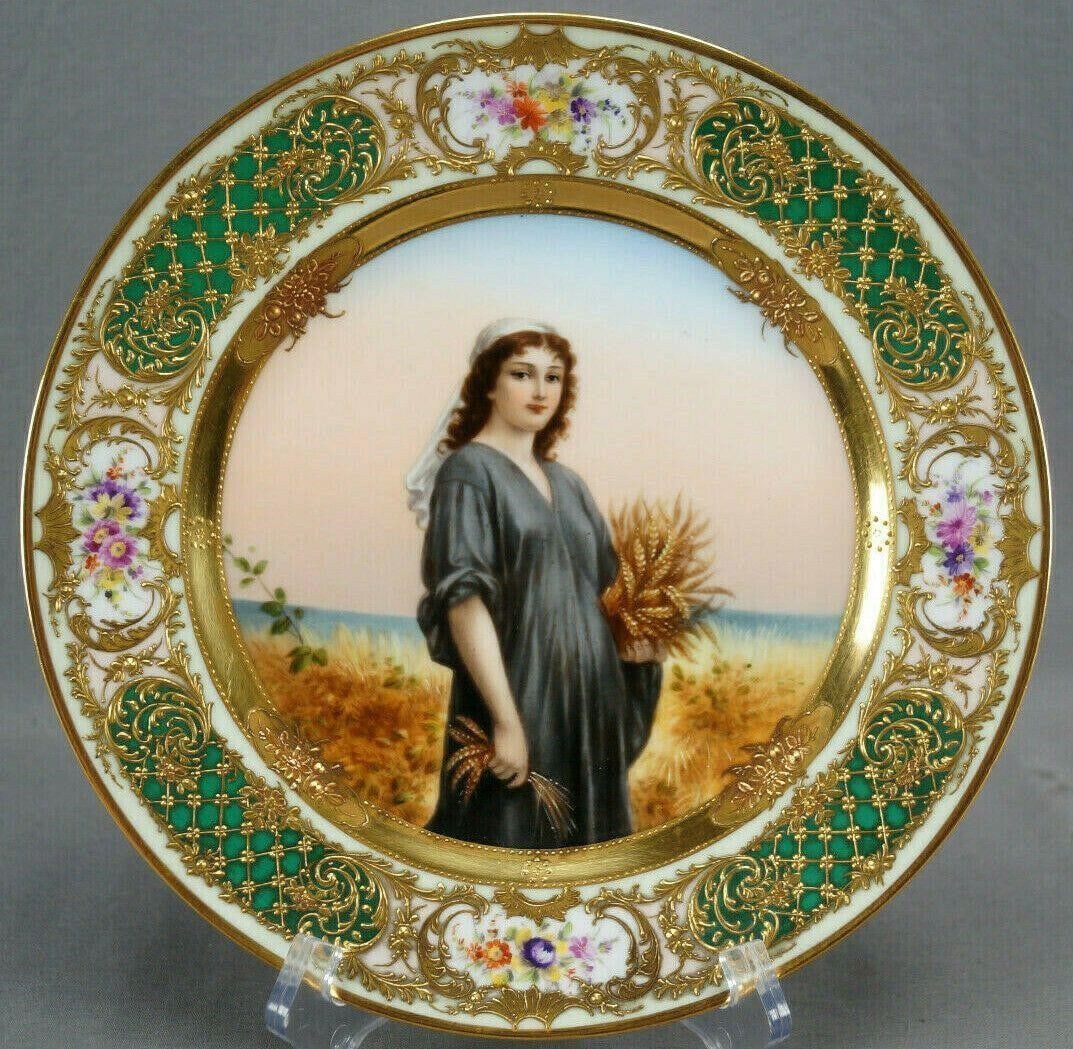 Royal Vienna Style Ruth 9 1/2 " Portrait Plate: Nice antique porcelain cabinet plate. Decorated in the Royal Vienna style with a portrait of Ruth with wheat. The scene is framed by a wide band of gold gilding along the inner rim with raised gold fl