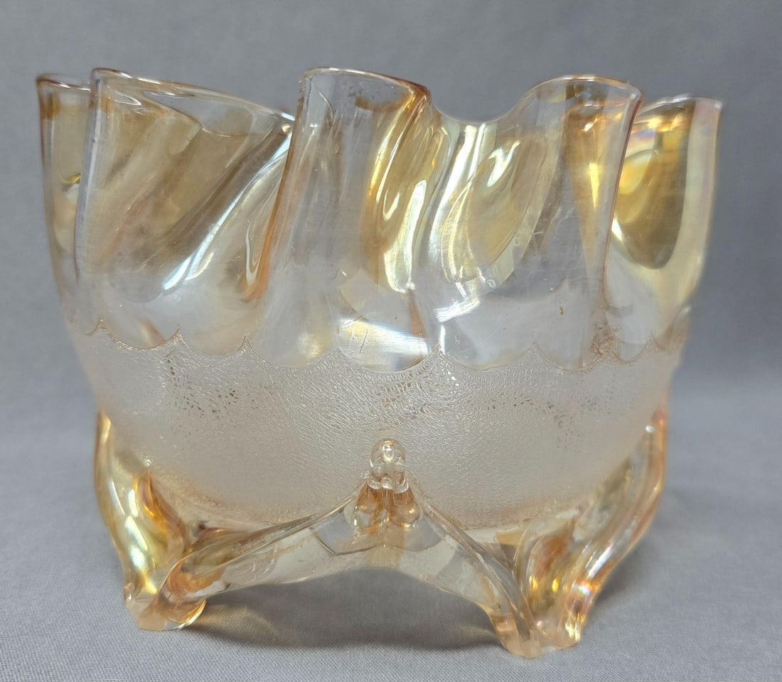 Pomona Glass Ruffle Top Bowl 3 3/4": New England Glass Co Pamona glass ruffle top, applied feet, 1st grind bowl. Good condition without chips or cracks. It does have water lines near the top and roughness where there feet were ground to 