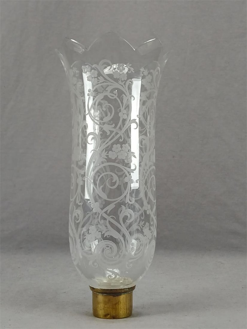 Signed St Louis French Etched Glass Lamp Shade A: Antique late 19th century blown and cut glass lamp shade. Acid etched floral scrollwork pattern. Signed St Louis. Brass collar. Has some wear and tarnish, and a few dents to the brass collar, but othe
