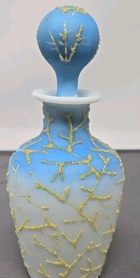 Bohemian Blue White Coralene Glass Perfume Bottle: Victorian blue fading to white Coralene perfume bottle. Probably produced by either Harrach or Carl Goldberg. This is a hand blown satin glass piece with a rough pontil mark on the bottom. Circa late 