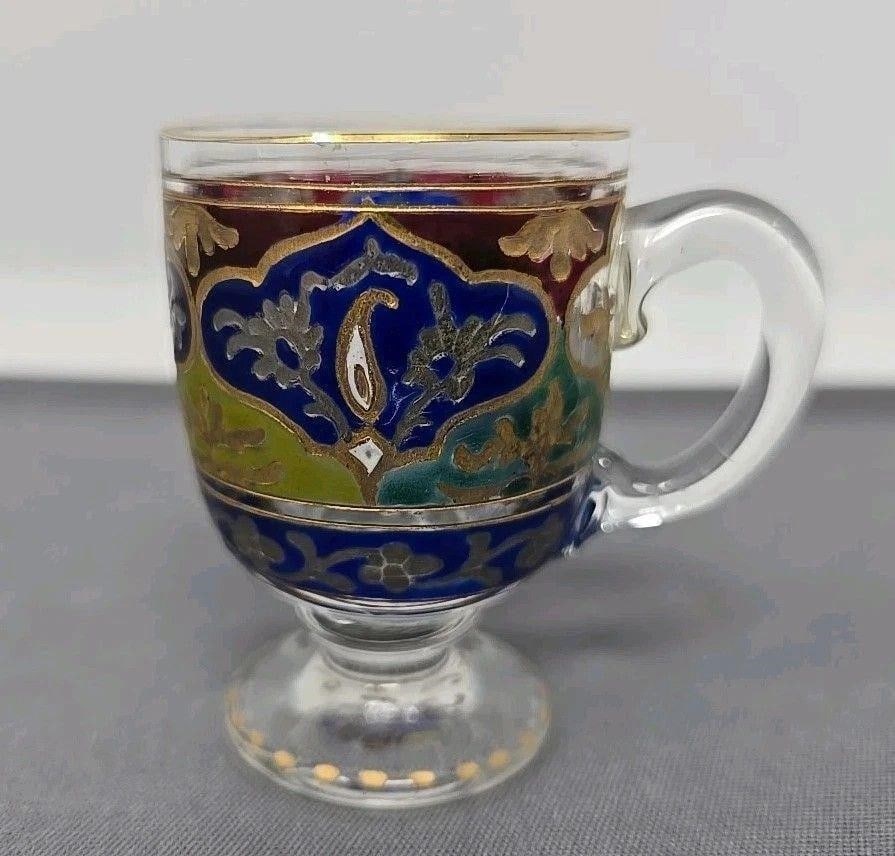 Fritz Heckert Jodhpur Enameled Small Cordial: Fritz Heckert Jodhpur small glass cordial. Marks on the bottom may indicate either a New York or New Jersey retailer. Very nice condition, slight loss to gold gilt on rim. Measures 2 1/4 inch tall and