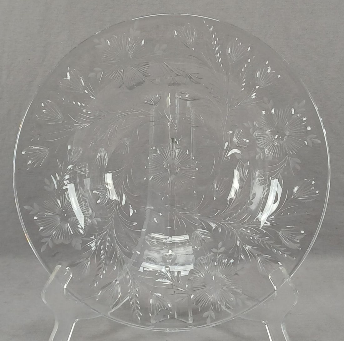 ABP Intaglio Engraved Floral 11 7/8 Inch Wide Bowl: Antique ABP American Brilliant Period clear blown glass bowl. With intaglio engraved floral pattern. Unsigned. Good condition. Measures approximately 11 7/8 inches wide x 2 1/2 inches tall.We can
