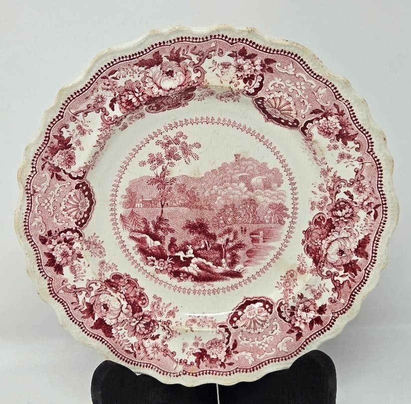 Red Transferware Monte Video Connecticut Plate: Red Transferware plate manufactured by William Adams IV & Sons between 1829-61. The pattern is Monte Video Connecticut. It measures approximately 6 3/4 inches in diameter. There are no chips or