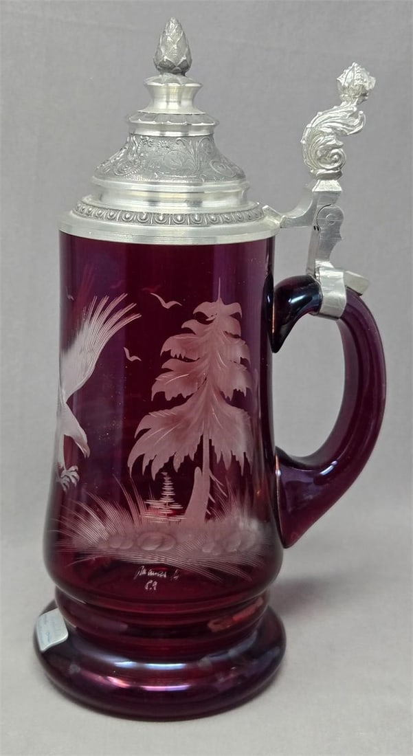 West Germany Ruby Glass Etched Eagle Stein - 4