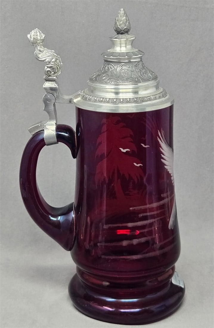 West Germany Ruby Glass Etched Eagle Stein - 7