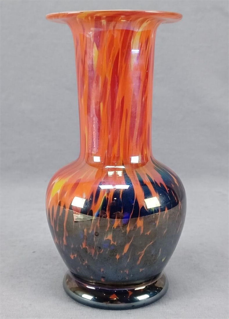 Bruder Frankl Orange & Cobalt Spatter Glass Vase: Nice vintage Bohemian glass vase. Spatter / splatter glass pattern in orange, red, yellow, and white with cobalt spatter in the bottom overlaid with a clear glass. Ground and polished pontiled base. A