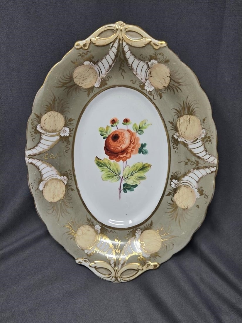 Ridgway China Footed Compote / Taza: Hand painted floral center, with cornucopia shaped design on the border. It is an unmarked Ridgway low footed compote. Others in the set are marked 3/462. Measures approximately 2 3/8 inches tall and 