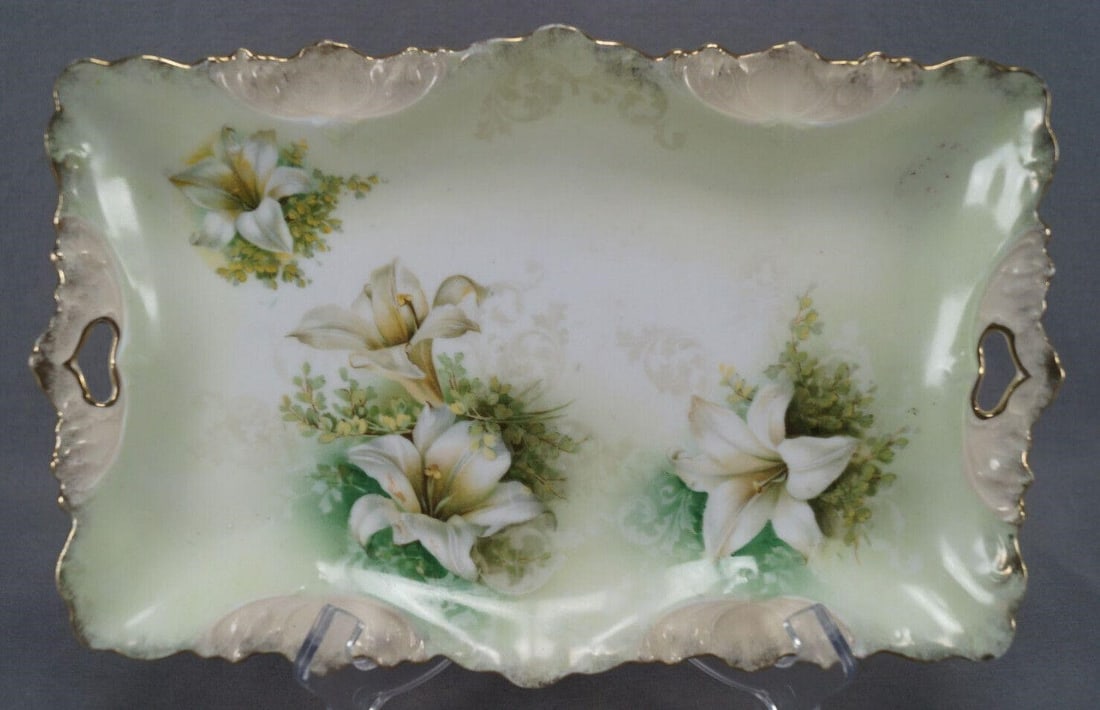 RS Prussia Lily Flowers Green & Gold Dresser Tray (1 of 13)