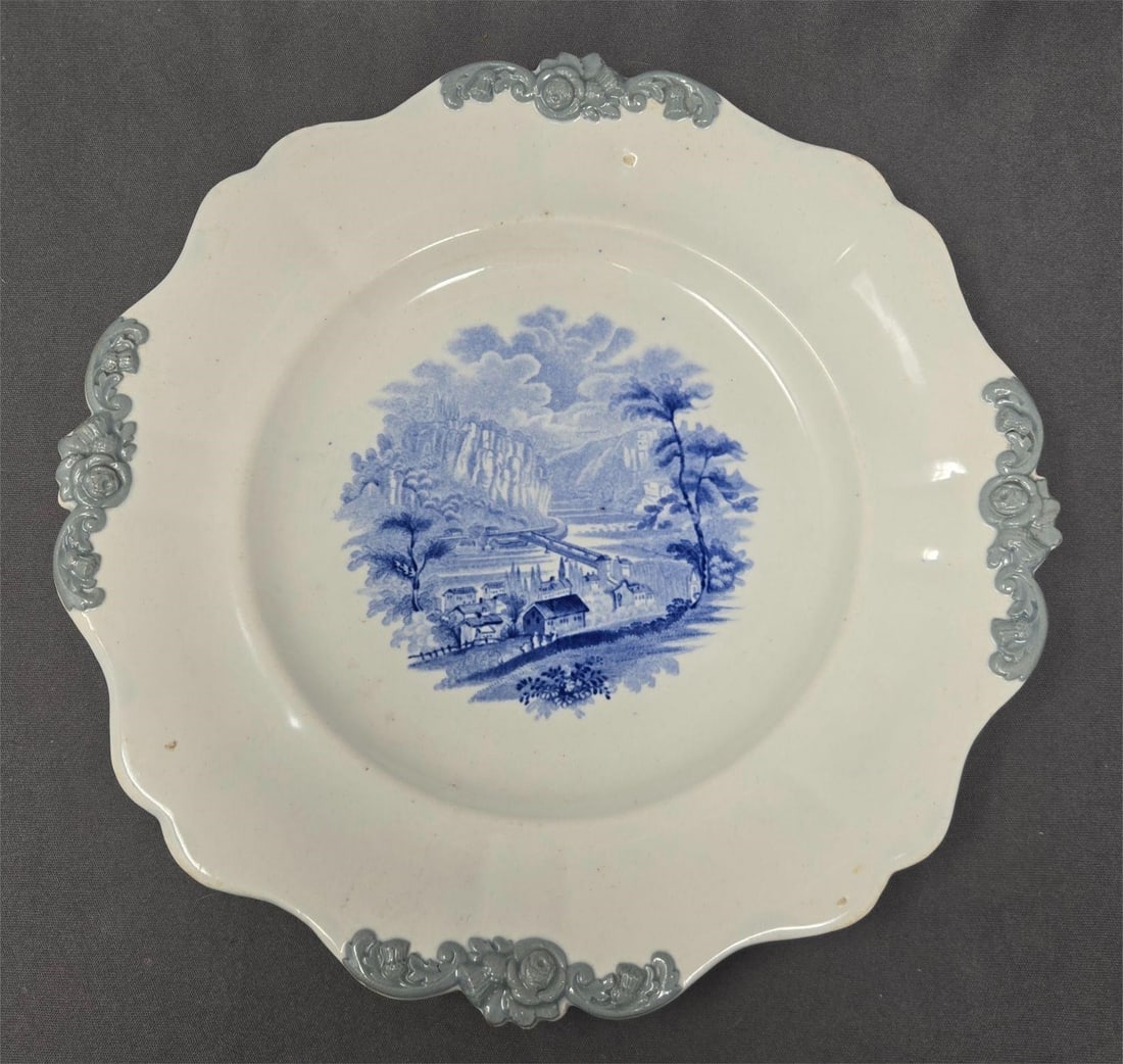 Ridgway Harpers Ferry Transferware Plate 9": William Ridgway transferware plate. Harpers Ferry from the Potomac Side. Circa 1830 to 1834. No chips or crazing. There is a line on the front that I can feel, which may be a deep scratch. It does