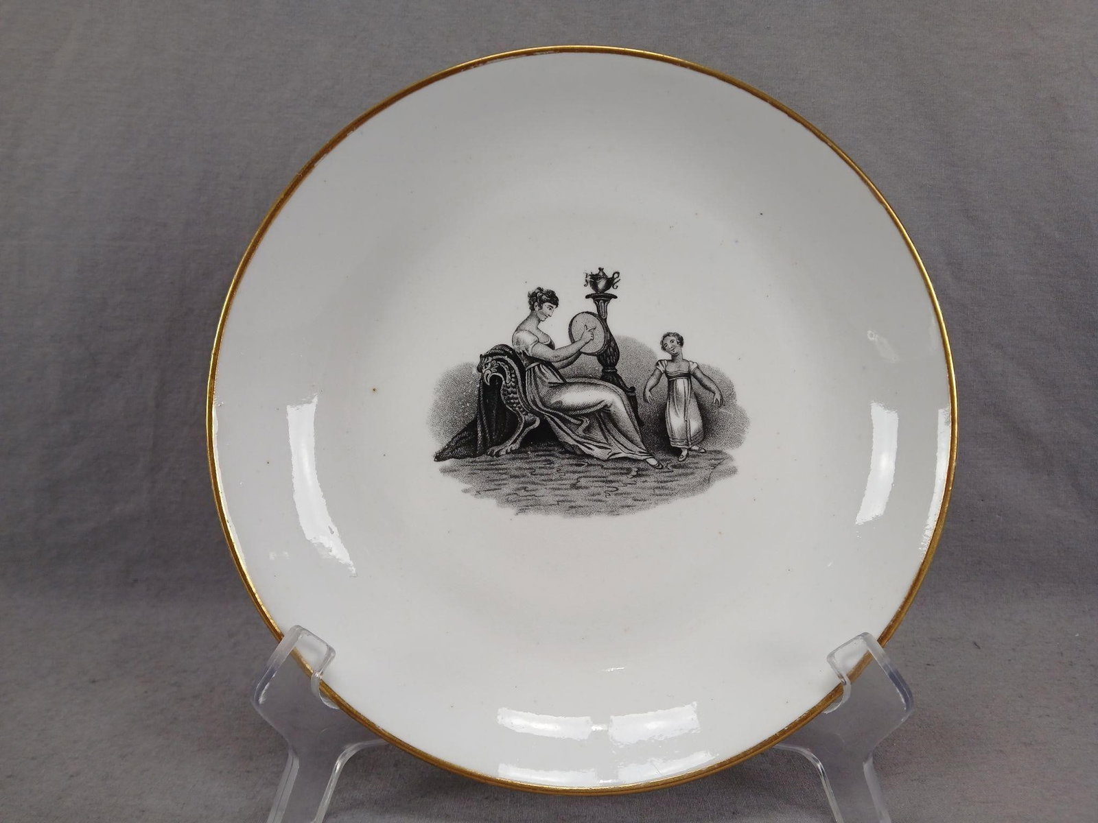 New Hall Pattern 1525 Bone China 8" Plate C1800-15: Antique British bone china plate / saucer dish. Decorated in pattern 1525 with scenes from the "Mother & Child" series. Gold gilding along the edge. Unmarked. Produced by New Hall. Circa 1800 to 1815.