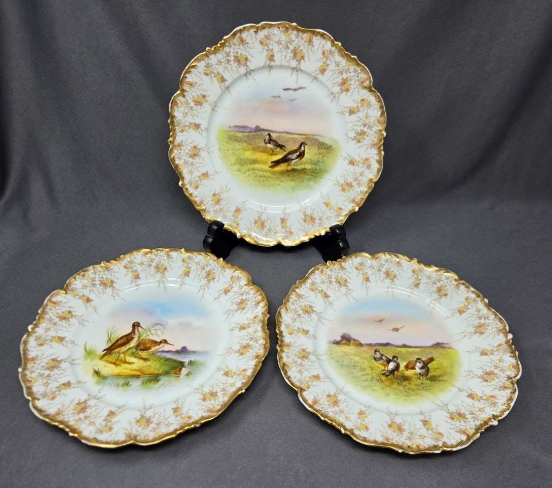 3 T & V Limoges Plates with Game Birds: Set of three Tressemann and Vogt Limoges plates with different game birds and a yellow rose edge design. They measure approximately 8 3/8 inches in diameter. They have no chips or cracks, there is los