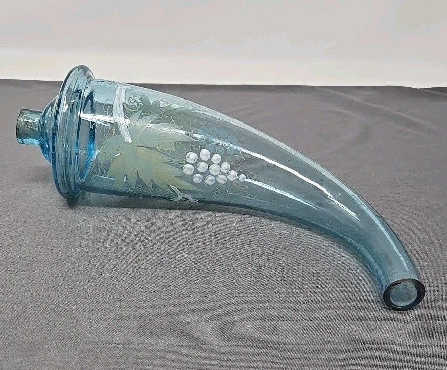 Bohemian Powder Horn / Decanter: Bohemian glass cornocopia shaped decanter or powder horn. Since it is decorated with grapes, leaning towards decanter. The opening on the wider side is rough with some chips. The thinner opening had g
