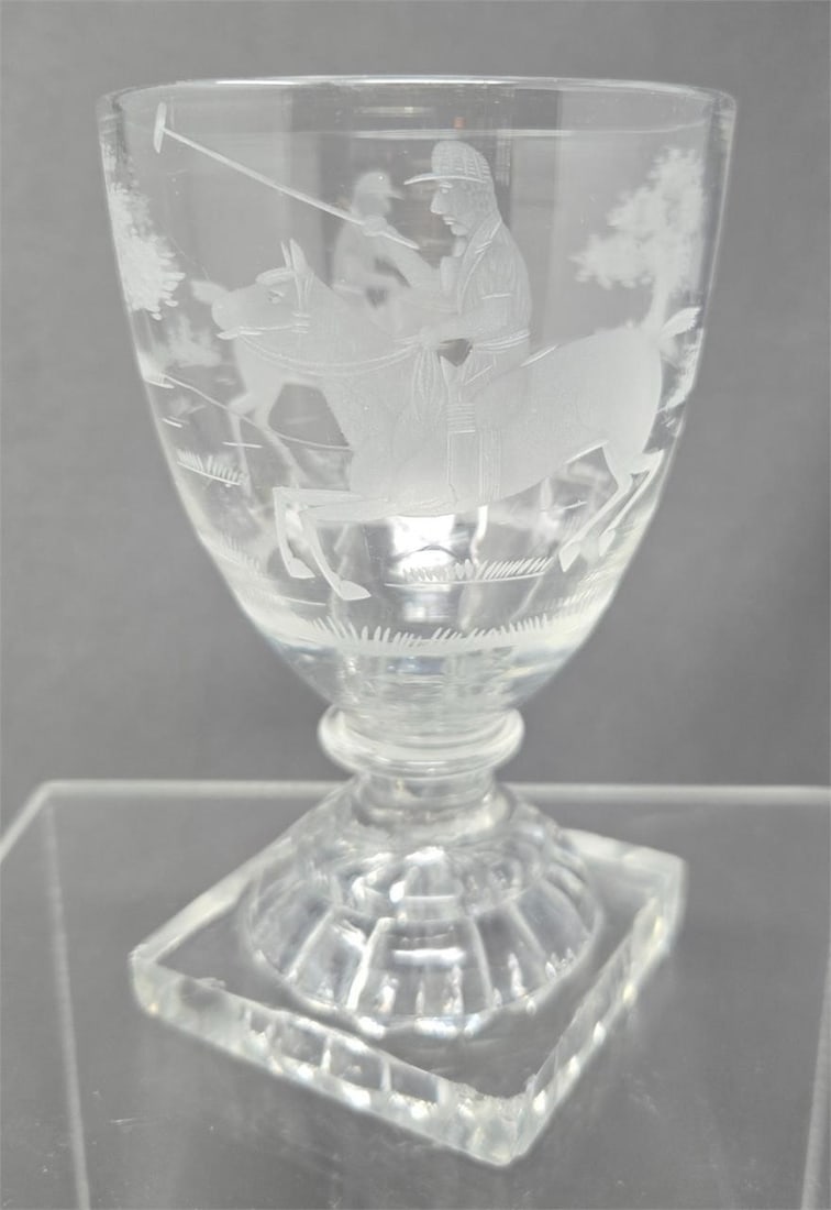 Georgian Period Rummer / Goblet Polo Etchings: English Georgian period rummer / goblet with engravings of polo players. Circa 1780 to 1830. It has a lemon squeezer square base. Measures approximately 5 inches tall and 3 1/4 inches diameter. It has