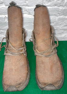 Rare Japanese Water Buffalo Shoes 19th Century Museum Quality: Rare Japanese water buffalo shoes 19th Century. They are ultra rare and of museum quality.. The shoes are all hand made. The souls curl in the front of the shoe. They are in very good condition. The d