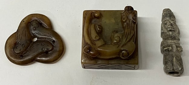 Antique Yellow Jade Chimera Seal and Yellow Jade Eel Pendant w/ Archaic Stone Carving