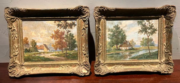 Signed Pair of Oil on Board Paintings by Leon