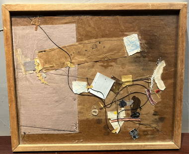 Signed Emily McLennan 1974: Art made up of sewing items. It is in a glass frame. It is in very good original condition. The dimensions are: 11” tall x 12 3/4” wide. Pickup location: Richmond, NH.