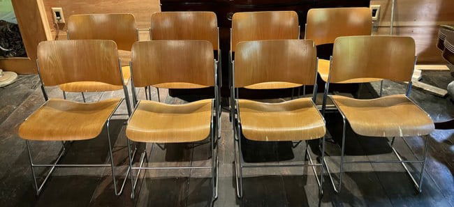 Set of Eight David Rowland Mid Century Modern Chairs: Set of Eight David Rowland Mid Century Modern Chairs. Tags are underneath each chair. They have chrome bases. They are in very good condition except for a few small chips as shown in photos. Dimension