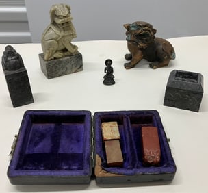 Mixed Lot of Chinese Stone Carvings and Two Asian Bronzes