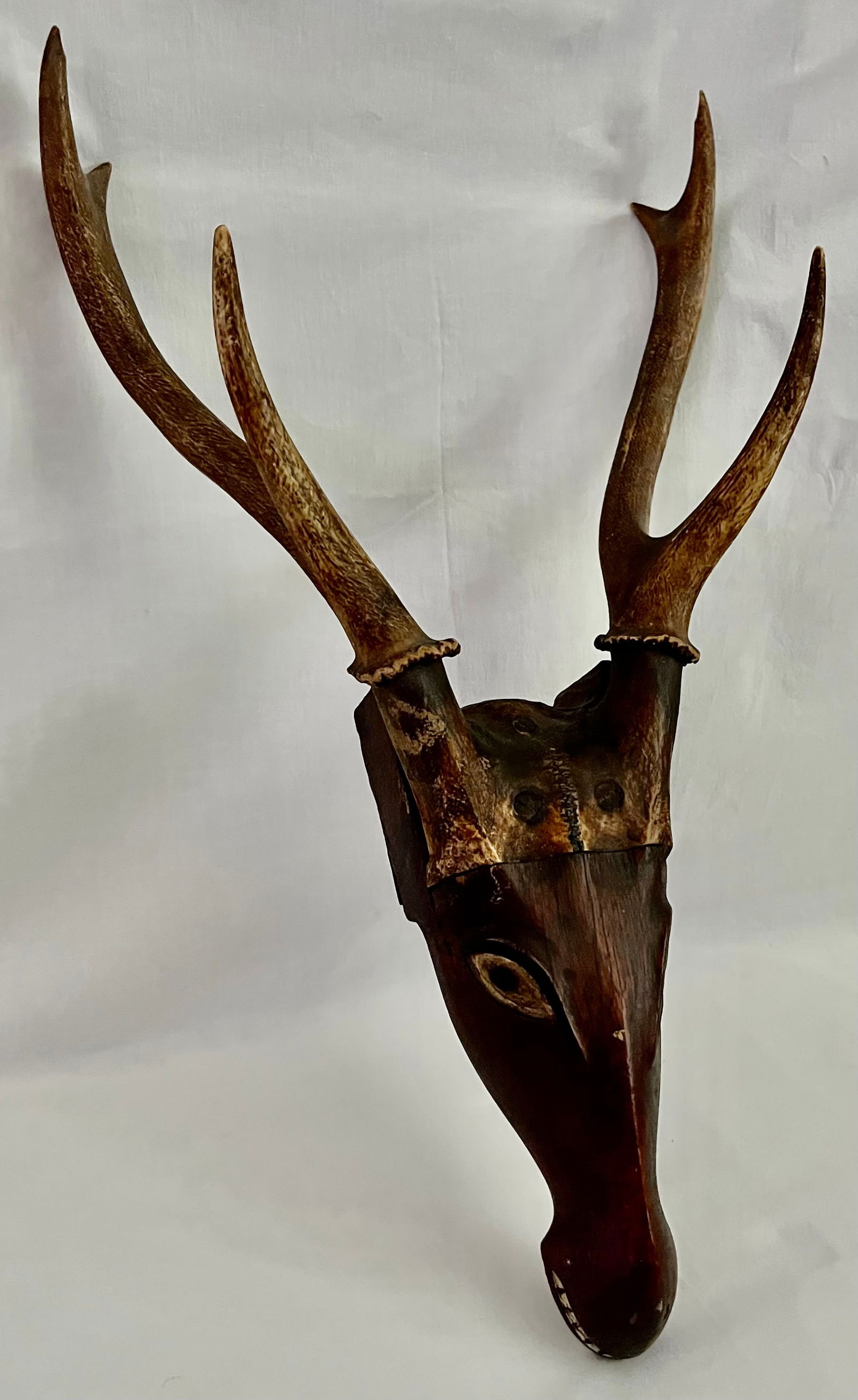 Antique Folk Art Carved Wood Deer Head with Authentic, Real Antlers (1 of 9)