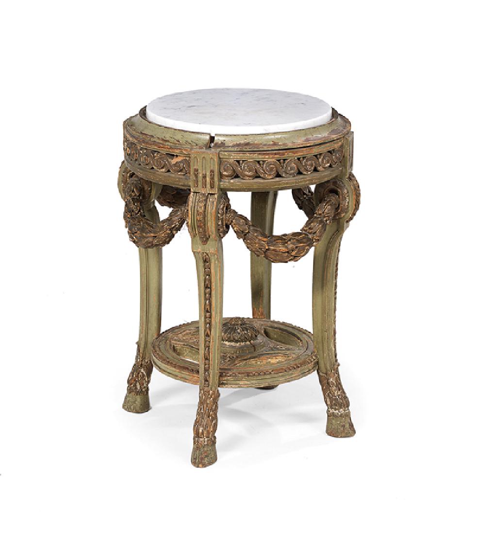 Louis XIV-Style Marble-Top Tabouret: Louis XIV-Style Polychrome and Marble-Top Tabouret, late 19th century, the inset circular marble top above a conforming pierced guilloche frieze and pendant laurel swags, and raised on molded bellflow