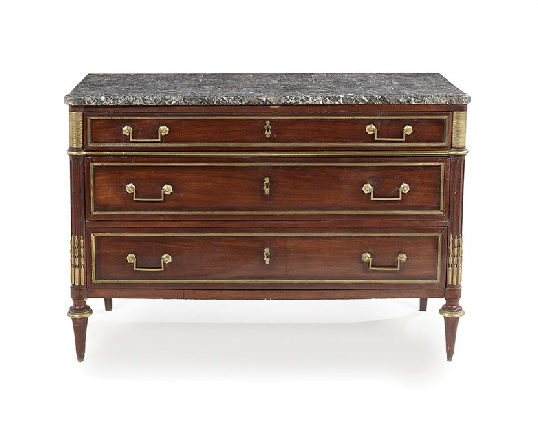 Louis XVI-Style Mahogany and Marble-Top Commode: Louis XVI-Style Mahogany and Marble-Top Commode, early 20th century, the rectangular marble top with turreted corners, above a conforming case fitted with three graduated long drawers, all paneled and