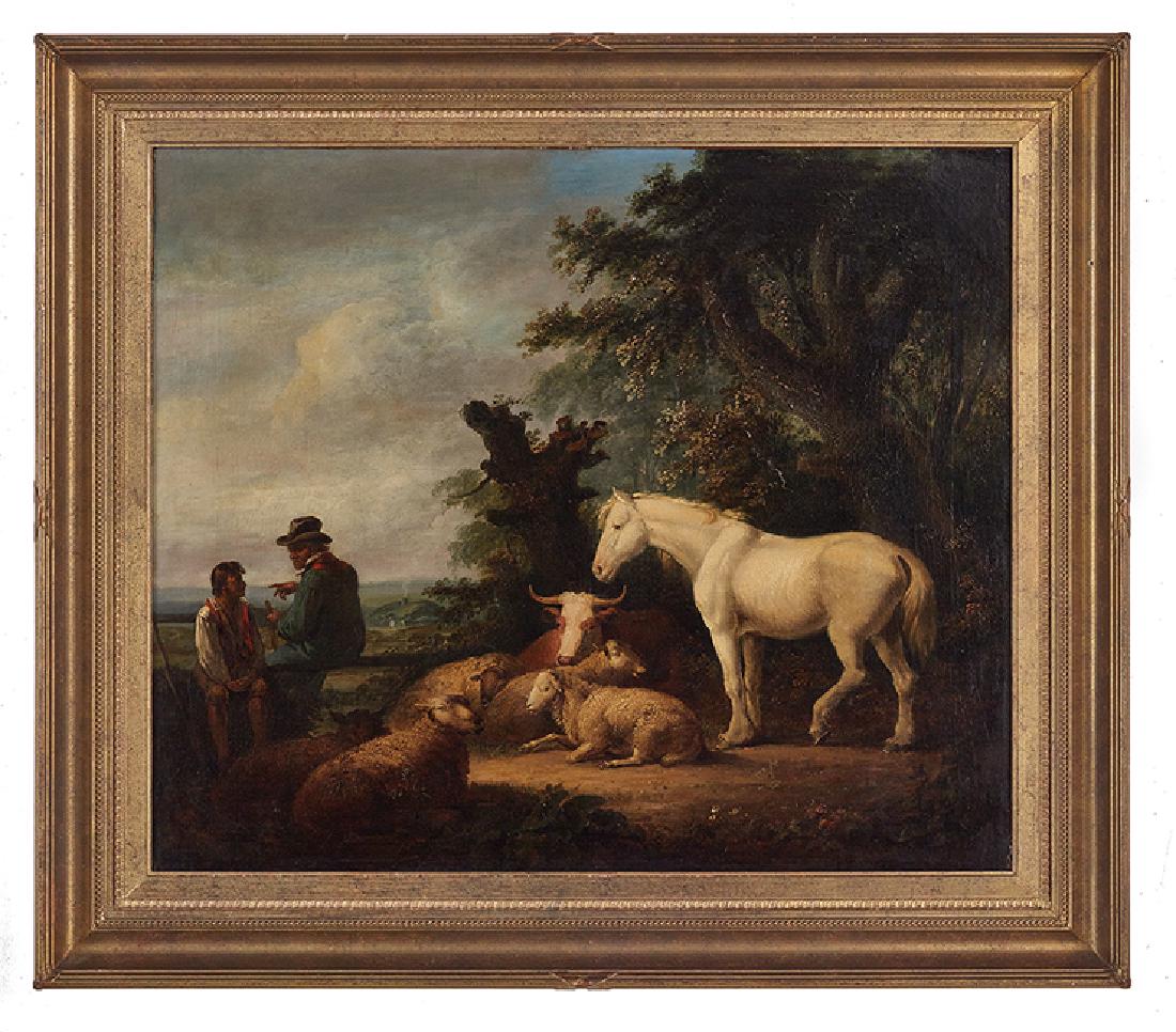 Attributed to James Ward (British, 1769-1859): Attributed to James Ward (British, 1769-1859), "Rural Landscape with Shepherd, Sheep and White Stallion", oil on canvas, unsigned, 24" x 29". Framed. Provenance: Estate of Richard and Lucy Nunnally, B