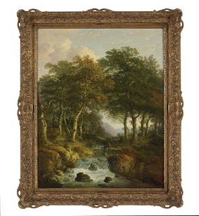 Attributed to William Traies (British, 1789-1872): Attributed to William Traies (British, 1789-1872), "The Becky Falls, River Wray, South Devon", oil on canvas, unsigned, 36" x 28". In an attractive gesso and giltwood frame.