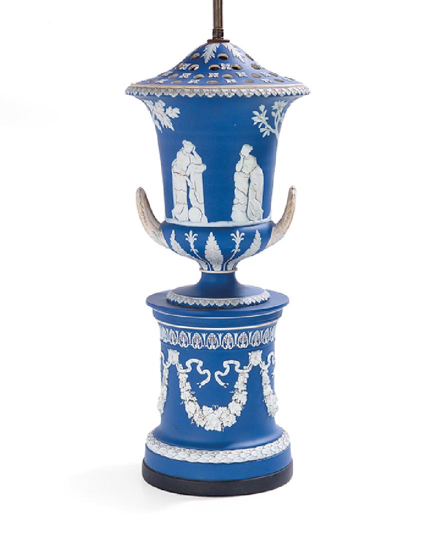 Handsome Edwardian Wedgwood-Style Jasperware Lamp: Handsome Edwardian Wedgwood-Style Jasperware Lamp, first quarter 20th century, on a cylindrical base decorated with leopard's heads supporting swags of grapes and a pierced anthemia border, the campan