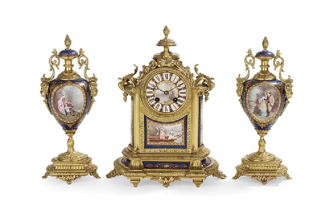 French Bronze and Porcelain Three-Piece Clock Set (1 of 2)