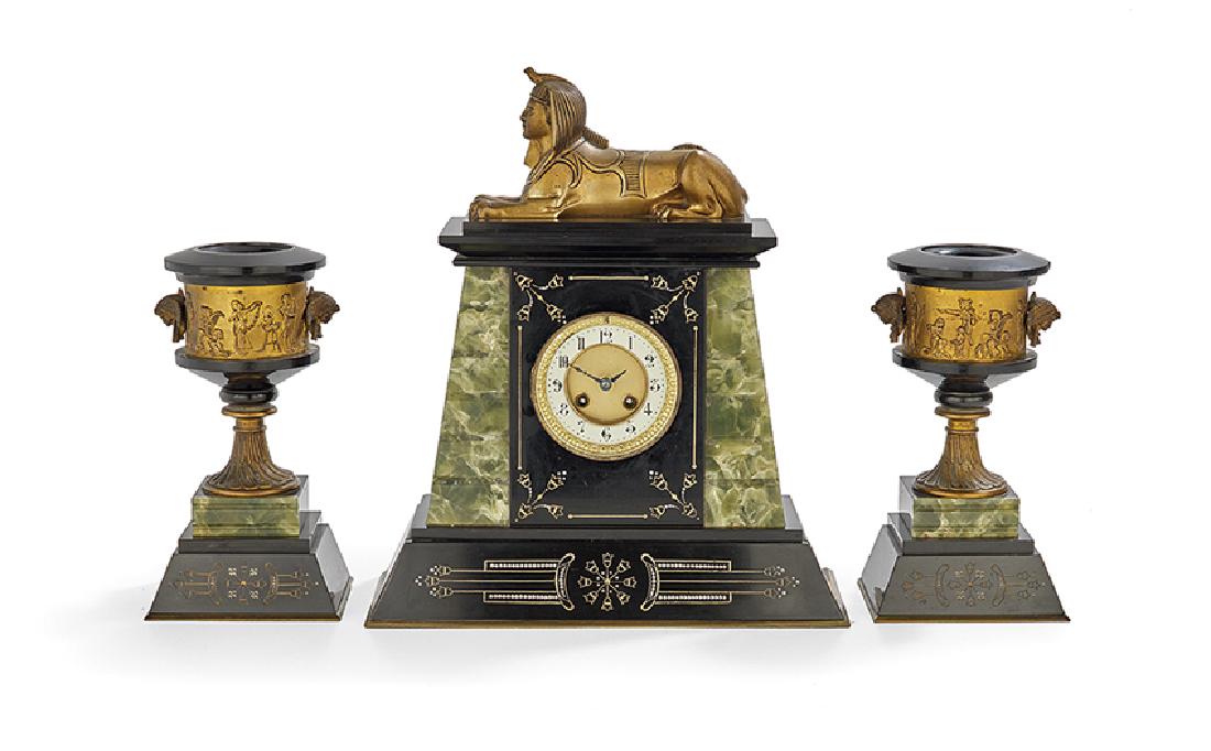 French Egypto-Revival Three-Piece Clock Set (1 of 2)