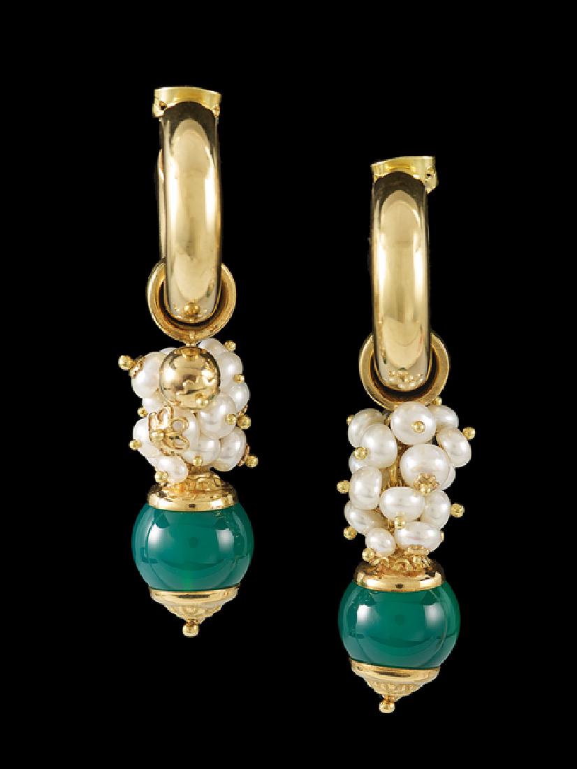 Pair of 18 Kt. Gold, Jade and Pearl Earrings (1 of 1)