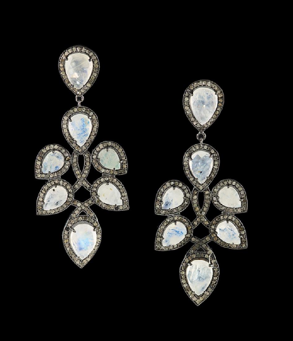 Pair of Silver, Moonstone and Diamond Earrings (1 of 1)