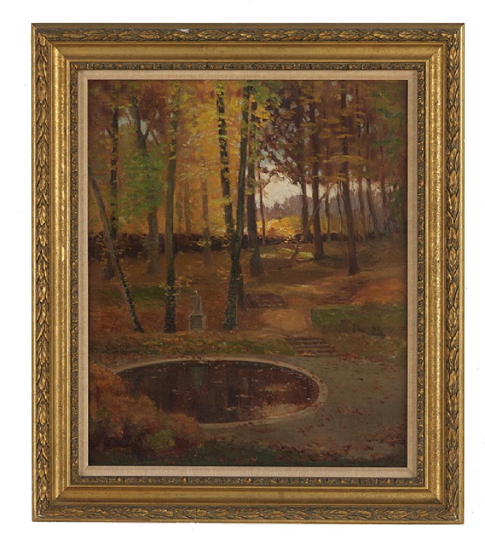 William Posey Silva (American, 1859-1948): William Posey Silva (American, 1859-1948), "A Quiet Pond in the Park", oil on canvas, signed lower left, localized and dated en verso "Paris, 1908", 25-3/4" x 21". Presented in a period giltwood and g