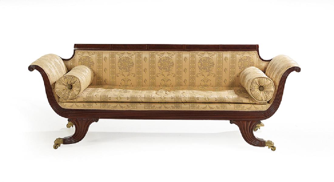 American Classical Brass-Inlaid Mahogany Sofa: Fine American Classical Brass-Inlaid Mahogany Sofa, first quarter 19th century, school of Duncan Phyfe, the top rail with a row of five figured panels, each edged with brass stringing with reeded scro
