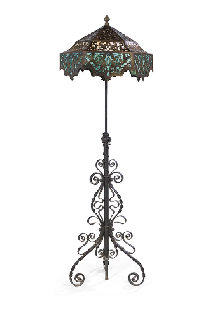 Iron and Brass Overlay Slag Glass Floor Lamp (1 of 3)