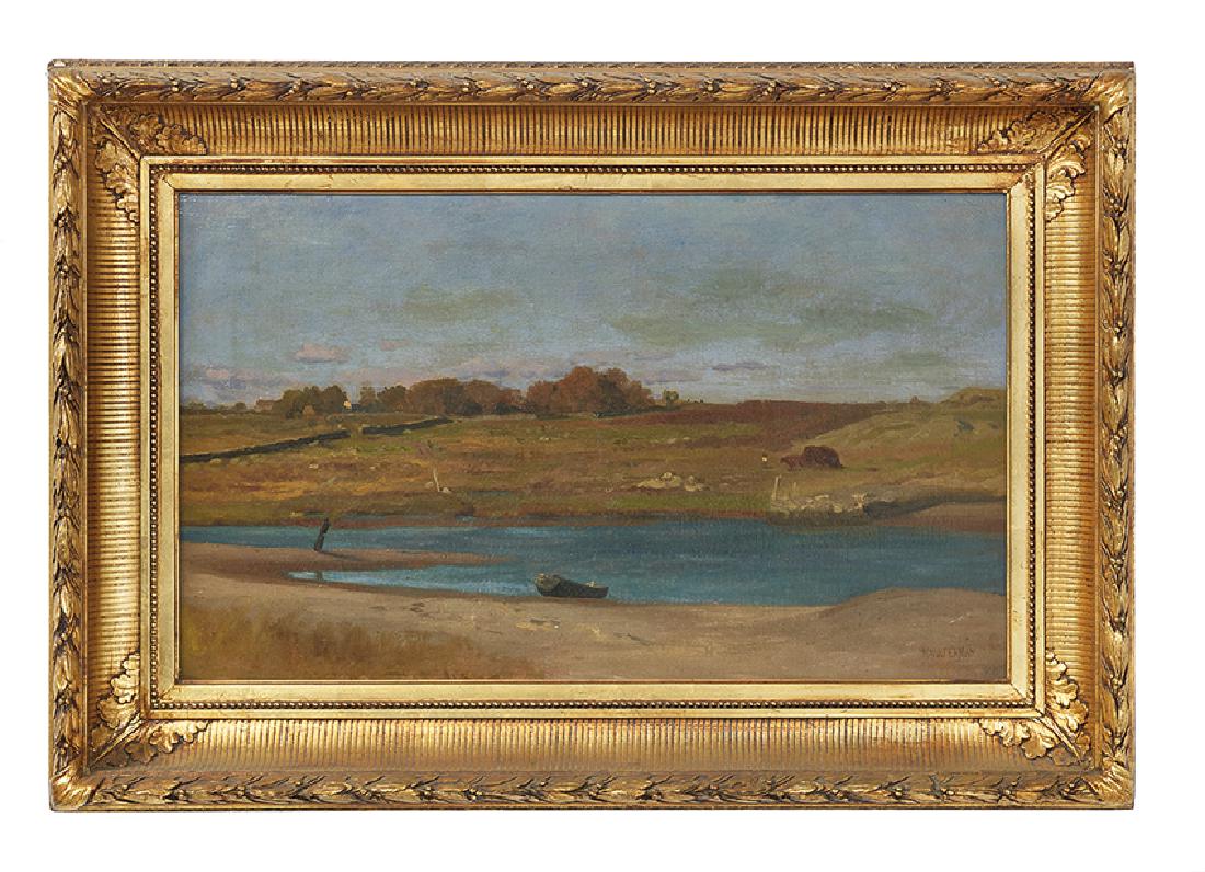 Marcus Waterman (American, 1834-1914): Marcus Waterman (American, 1834-1914), "Rural River Landscape", oil on canvas, signed lower right, 16" x 28". Presented in a period giltwood frame.