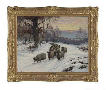 Wright Barker (British, 1864-1941): Wright Barker (British, 1864-1941) "Winter Twilight Landscape with Shepherd and Flock on a Snow-Covered Path" oil on canvas signed lower left. Presented in a giltwood frame affixed with an artist plaq